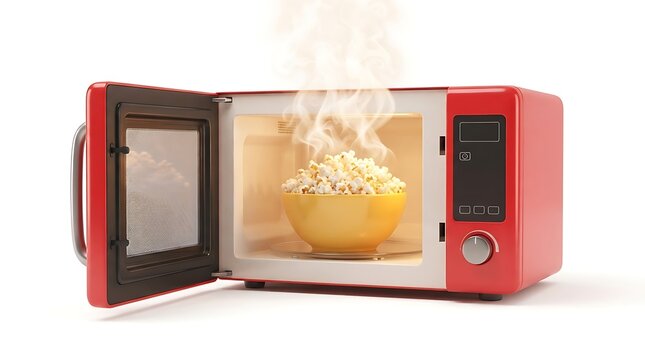 open microwave with a bowl of popcorn inside
