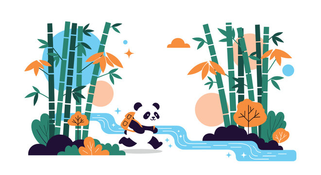 Cute cartoon panda character wearing a backpack running happily through a bamboo forest by a winding blue river.