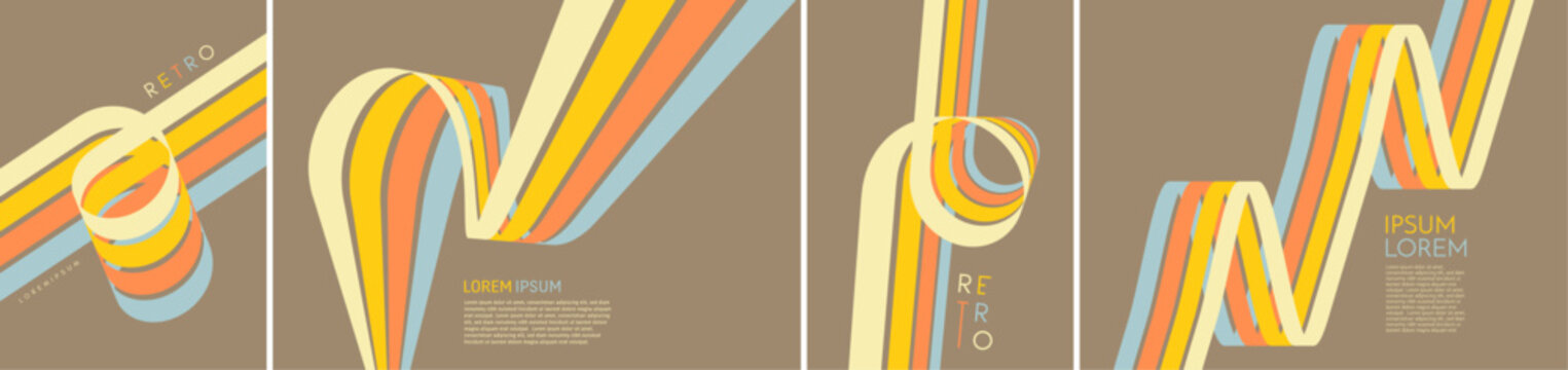 A retro 1970s-style background. Colorful stripes. Abstract curved ribbons form a loop. Dynamic lines. Space for text. Cover design template. Vector for brochure, poster, cover, card or presentation.