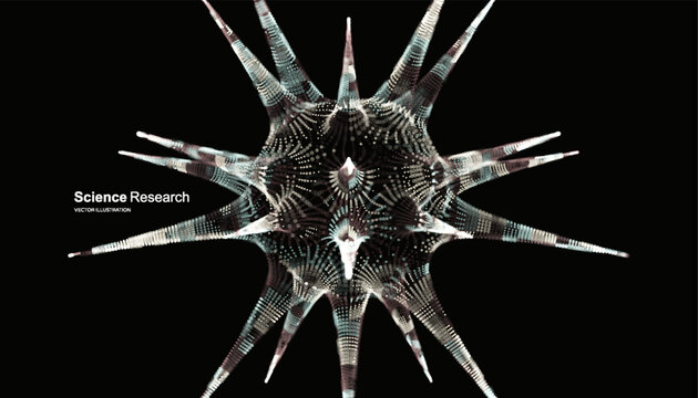 Viral particle. Pathogenic organism. Microscopic object for medicine, science, or technology. Molecule. Grid. Glow effect. 3D illustration for brochure, poster, cover, presentation, flyer or banner.