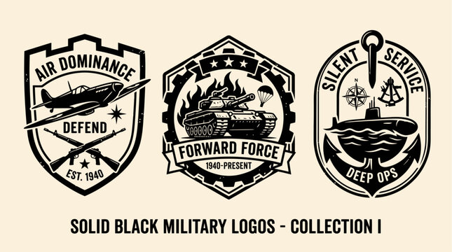 Solid Black Military Logos Collection with Air Dominance and Submarine set logos