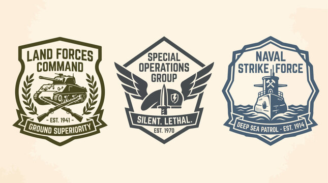 Land Forces Command and Strategic Naval Strike Green Blue Badges set logos