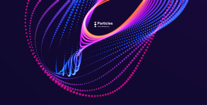 A circular object composed of many particles moving along a trajectory. A curved structure with the effect of movement around a center. Digital background for brochure, poster, cover, presentation.