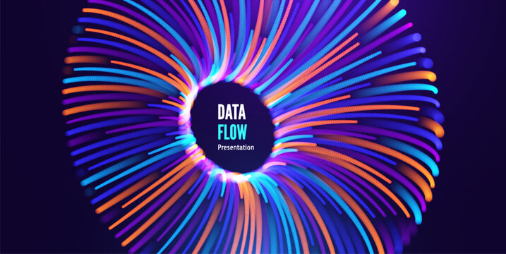 Torus. Bright radial lines of dots. Dynamic energy radiates from the center. The colors pulsate. Object modeling. Data flow. Digital technologies. 3D illustration for cover, presentation, flyer, etc.