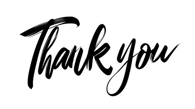Thank You Handwritten Brush Calligraphy Lettering in Black Ink on White Background