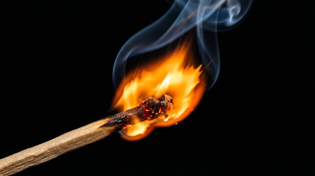 Close-up of a burning matchstick with flames and smoke on a black background