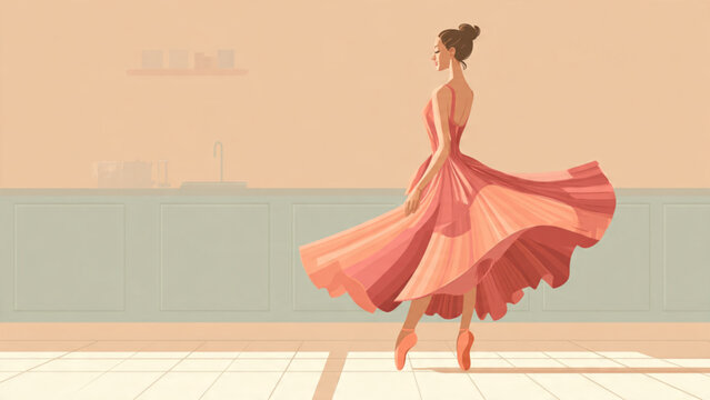 Elegant Woman Dancing on Beach in Flowing Pink Dress.