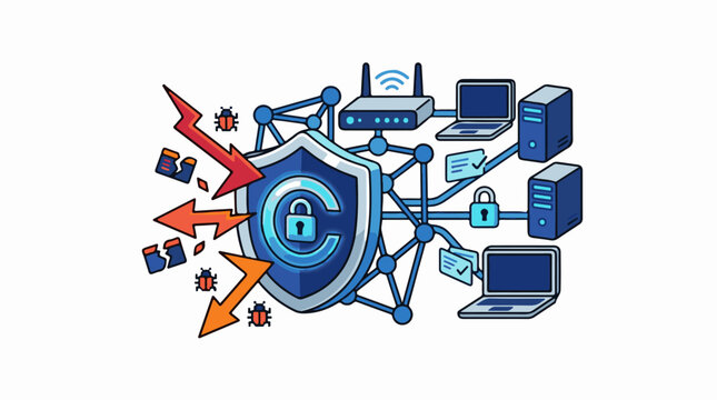 A blue shield with a lock surrounded by computers and network devices