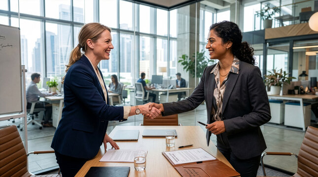 Two Businesswomen Meeting Before Business Agreement in Modern Office