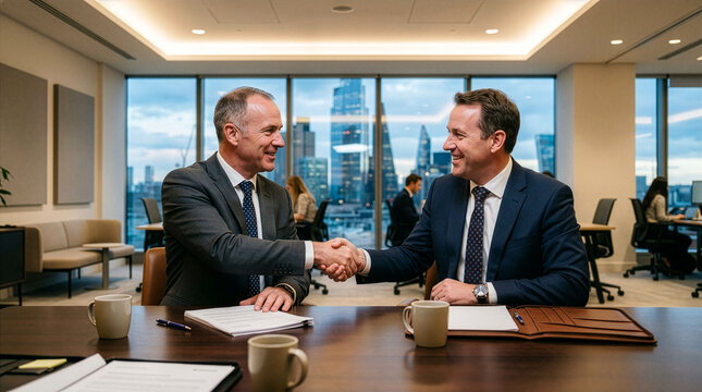 Businessmen Shaking Hands After Successful Business Deal in Modern Office