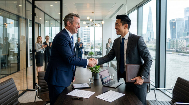 Businessmen Shaking Hands After Successful Business Deal in Modern Office