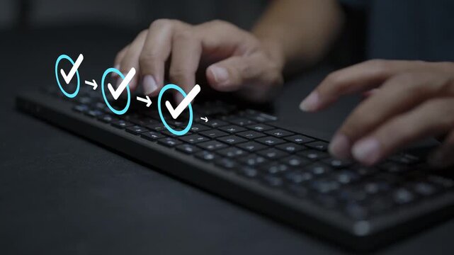 Business workflow progress concept. Person typing keyboard with workflow automation and process management icons, task tracking, operational efficiency and business productivity.