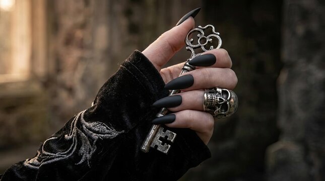 Hand with black nails holding antique ornate skeleton key.