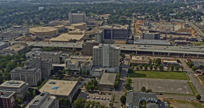 Birmingham Alabama Aerial v4 birdseye view of high rise buildings and bustling highways in Central City Downtown area - Shot on DJI Inspire 2, X7, 6k - August 2020