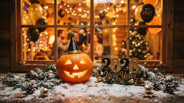 Halloween jack o' lantern with new year 2026 decorations festive holiday scene