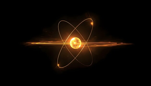Abstract glowing atom model with orbiting electrons on black background