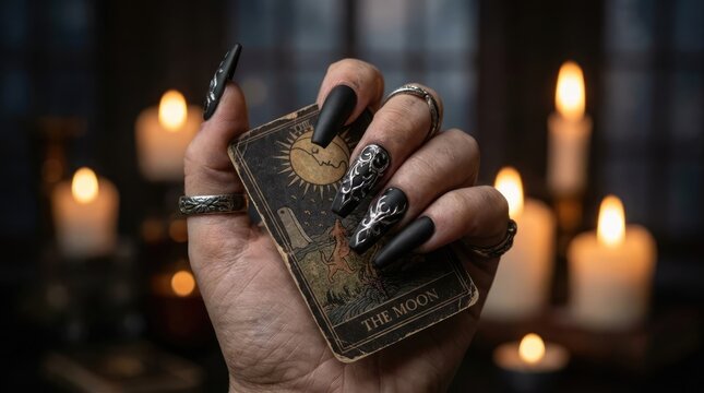 Hand with black nails holding The Moon tarot card.