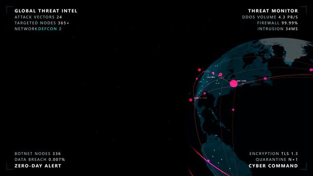 Slow tracking shot dollying over a cyber warfare globe featuring a glowing cyan and magenta digital earth with threat vectors inside a the vast Asian digital plate, panoramic view.
