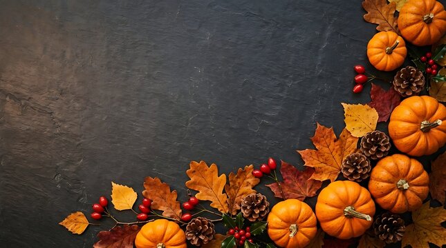 Halloween pumpkins and leaves on dark background for spooky decorations