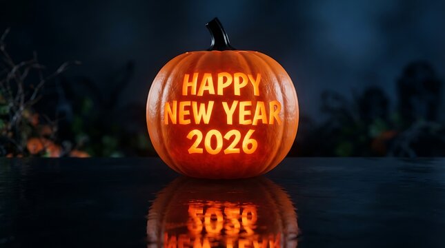 Halloween pumpkin with happy new year 2026 message