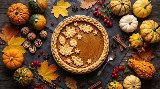 Halloween pumpkin pie with autumn decor festive fall dessert scene