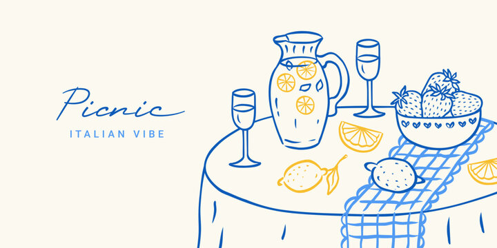 Illustration picnic in italian style line doodle sketch for poster, invitation, cover, menu. Hand drawn lemonade, lemons fruit, glasses, strawberry. Summer elegant party. Vector mediterranean print.