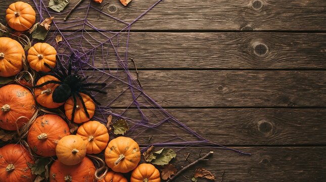 Halloween pumpkins and spider web on wooden background