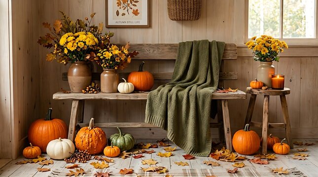 Cozy autumnal decor with pumpkins and leaves for halloween