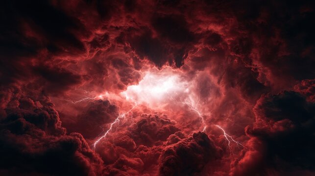 Dramatic red storm clouds with bright lightning strikes. Symbolizes intense conflict, danger, or powerful.