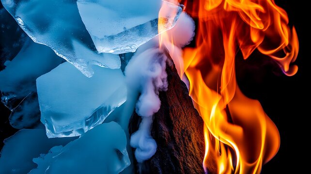 Burning tree trunk with fire and ice contrast on black background