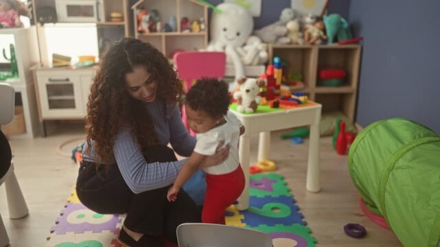 Woman holds toddler by torso and supports first steps on colorful foam playmat near small chair and toy table in building playroom; nurturing bonding.