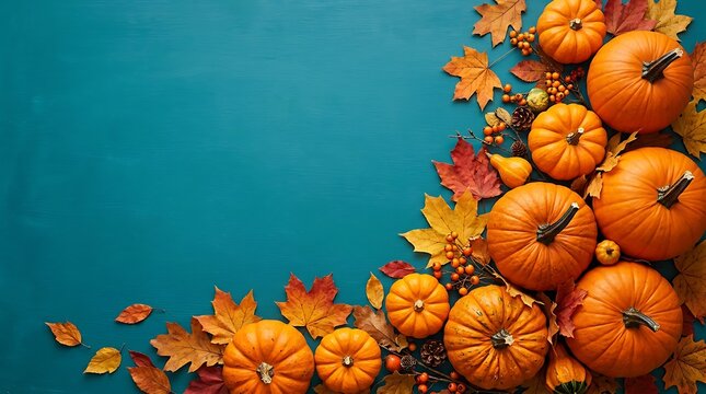 Vibrant halloween pumpkins and leaves on teal background for autumn decor