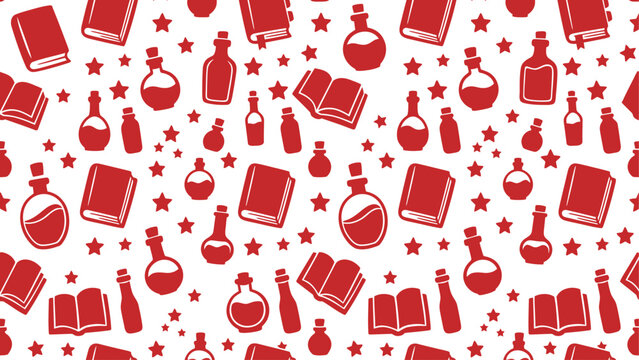 Seamless pattern with red open books, potion bottles and stars &ndash; fantasy magic motif for education, library, or Halloween design projects. Flat vector illustration EPS 10.