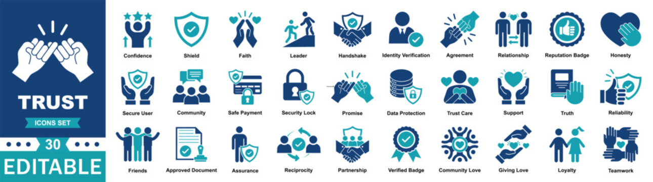 Trust, security and reliability solid icon set for verification, partnership, honesty, community support, reputation, identity protection, and agreement symbols. Editable vector glyph illustration.