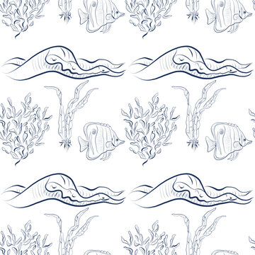 Seamless vector pattern with hand-drawn sea fish, waves and seaweed