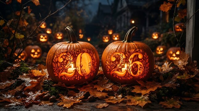 Halloween pumpkins with spooky designs on a dark autumn night