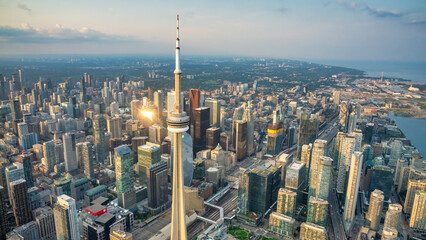 Obraz premium Helicopter Perspective. Toronto Skyline Bathed in Sunset Glow