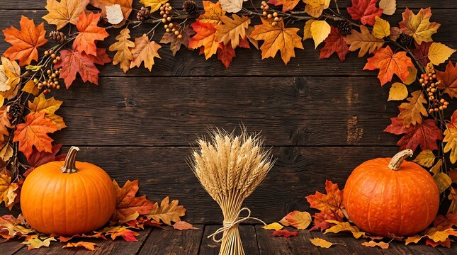 Halloween autumn decor pumpkins maple leaves and wheat sheaf on wood background