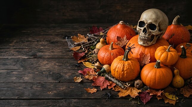 Halloween still life skull pumpkins and autumn leaves on rustic wood