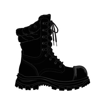 Tactical military combat boot vector illustration, black heavy duty work boot silhouette, rugged outdoor hiking footwear for security and police