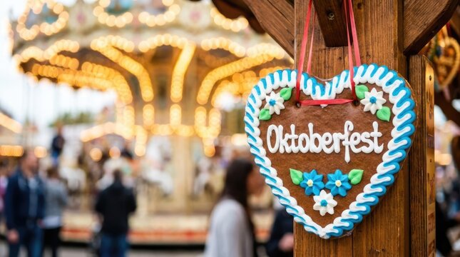 Heart shaped Oktoberfest gingerbread cookie at traditional market