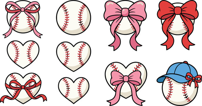 Baseball Bows and Hearts Bundle Kawaii Softball Vector Clipart Collection