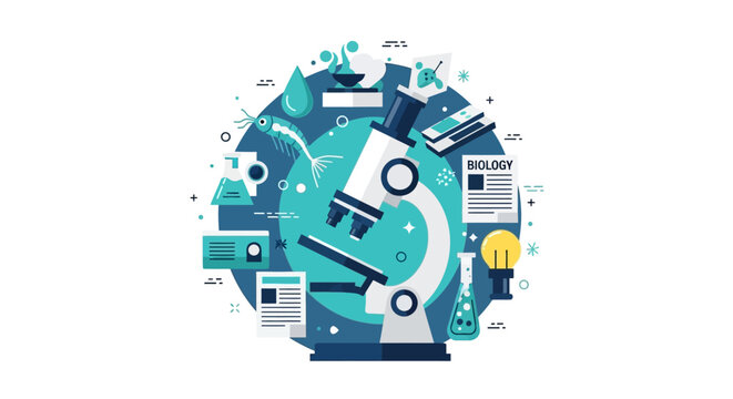 Modern Biology Science Concept with Microscope and Laboratory Equipment Vector Illustration