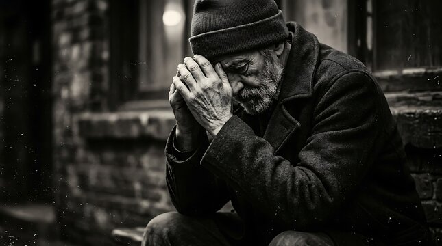 homeless man sitting alone praying.