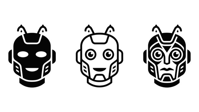 Three black and white robot head icons with antenna