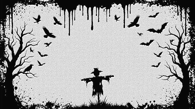 Spooky halloween background with scarecrow, dead trees, ravens and bats