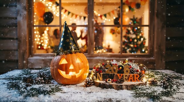 Halloween pumpkin decor with new year 2026 sign on snowy porch