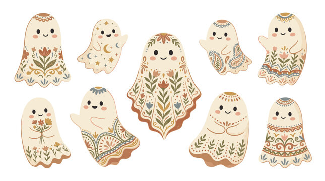 Set of nine cute embroidered owl illustrations with floral and nature patterns on beige backgrounds