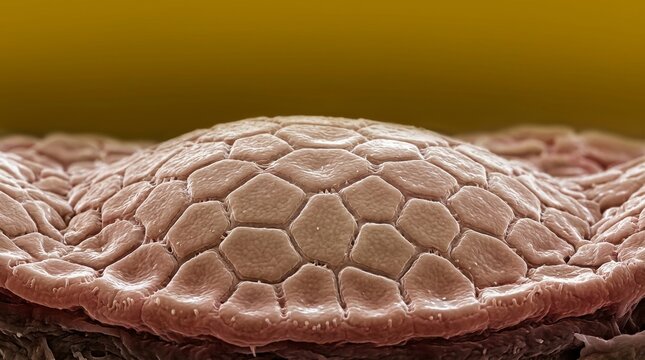 Human Bladder Epithelium Protein: The geometric epithelial cells interlock tightly across the curved mucosal surface against a smooth gold-toned background