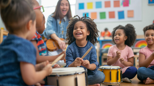Diverse Kids Enjoying Music Lesson and Playing Drums Together